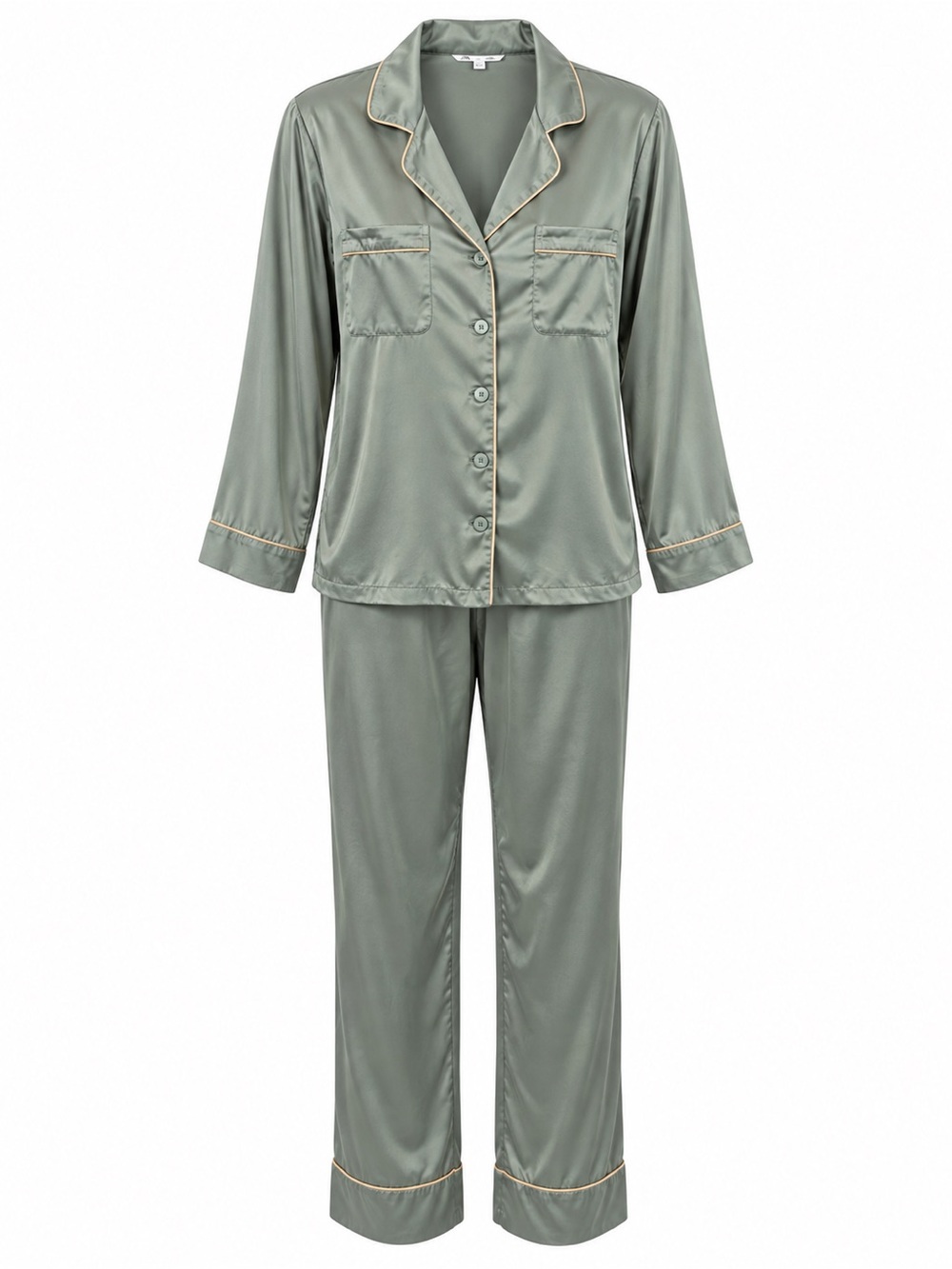 LilySilk Medium Sage Green 100% Silk Two Piece Pajama Set Long Sleeves, Pants